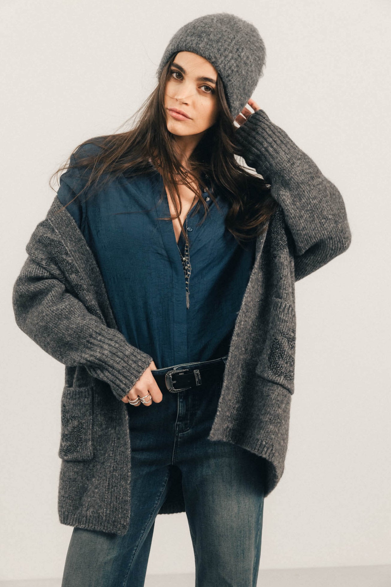 Gilet long gris chiné jacquard lurex | Elora
