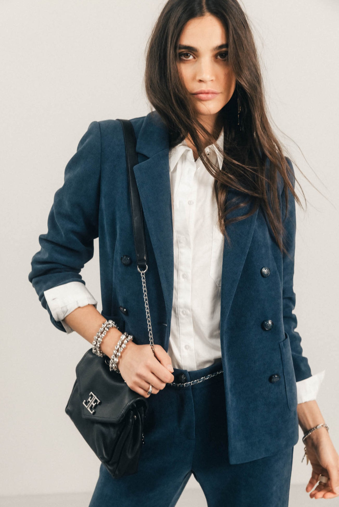 Veste bleue velours double boutonnage | Elora