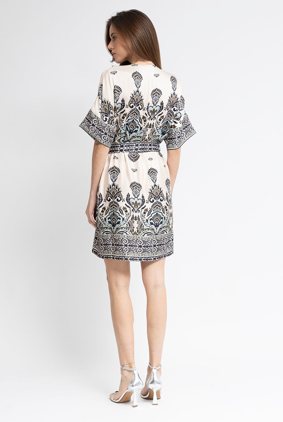Robe kimono imprimé écru kaki et bleu | Elora