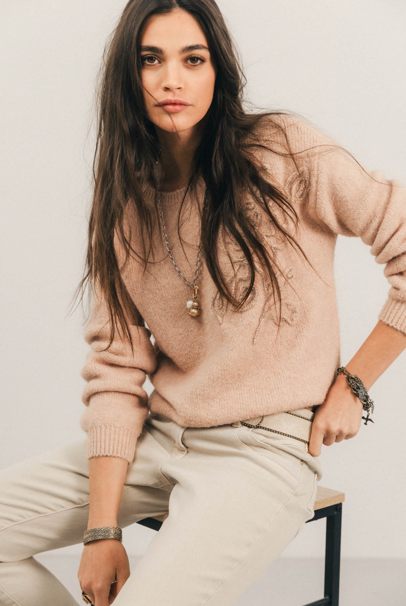 Pull rose brodé floral lurex | Elora