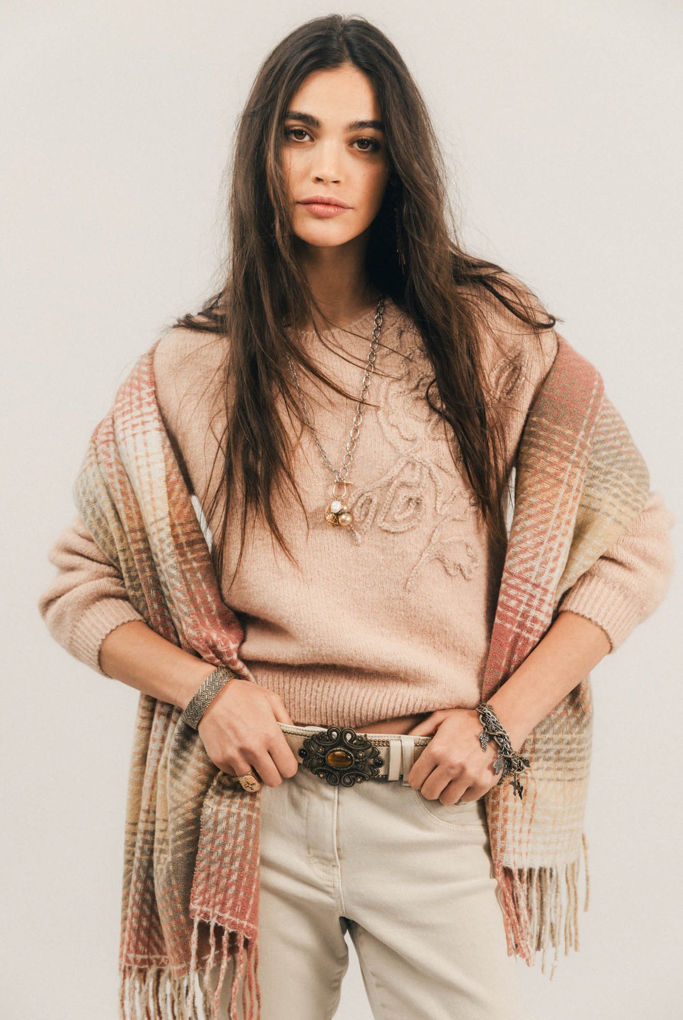 Pull rose brodé floral lurex | Elora