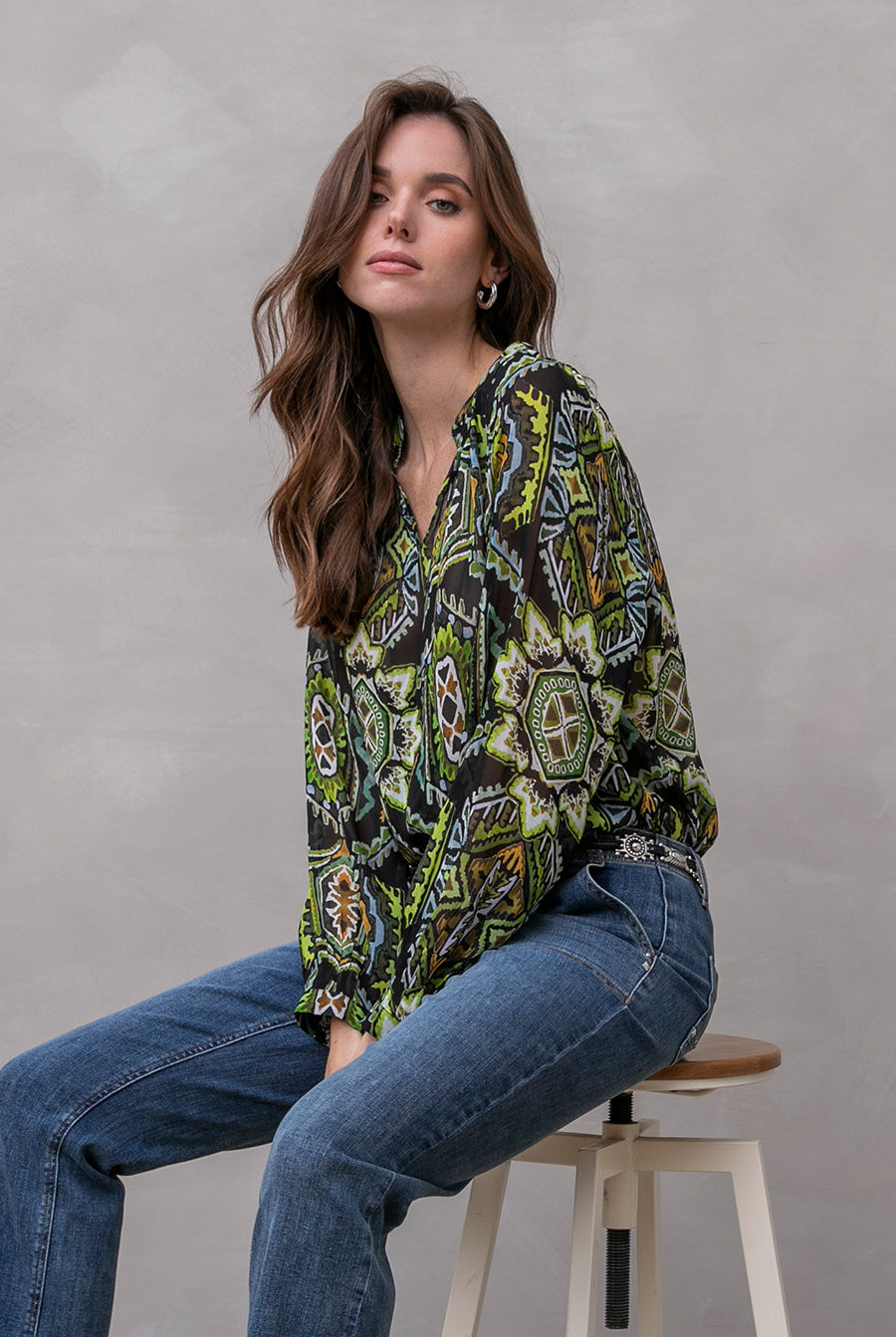 Blouse imprimé azthèque vert et noir | Elora