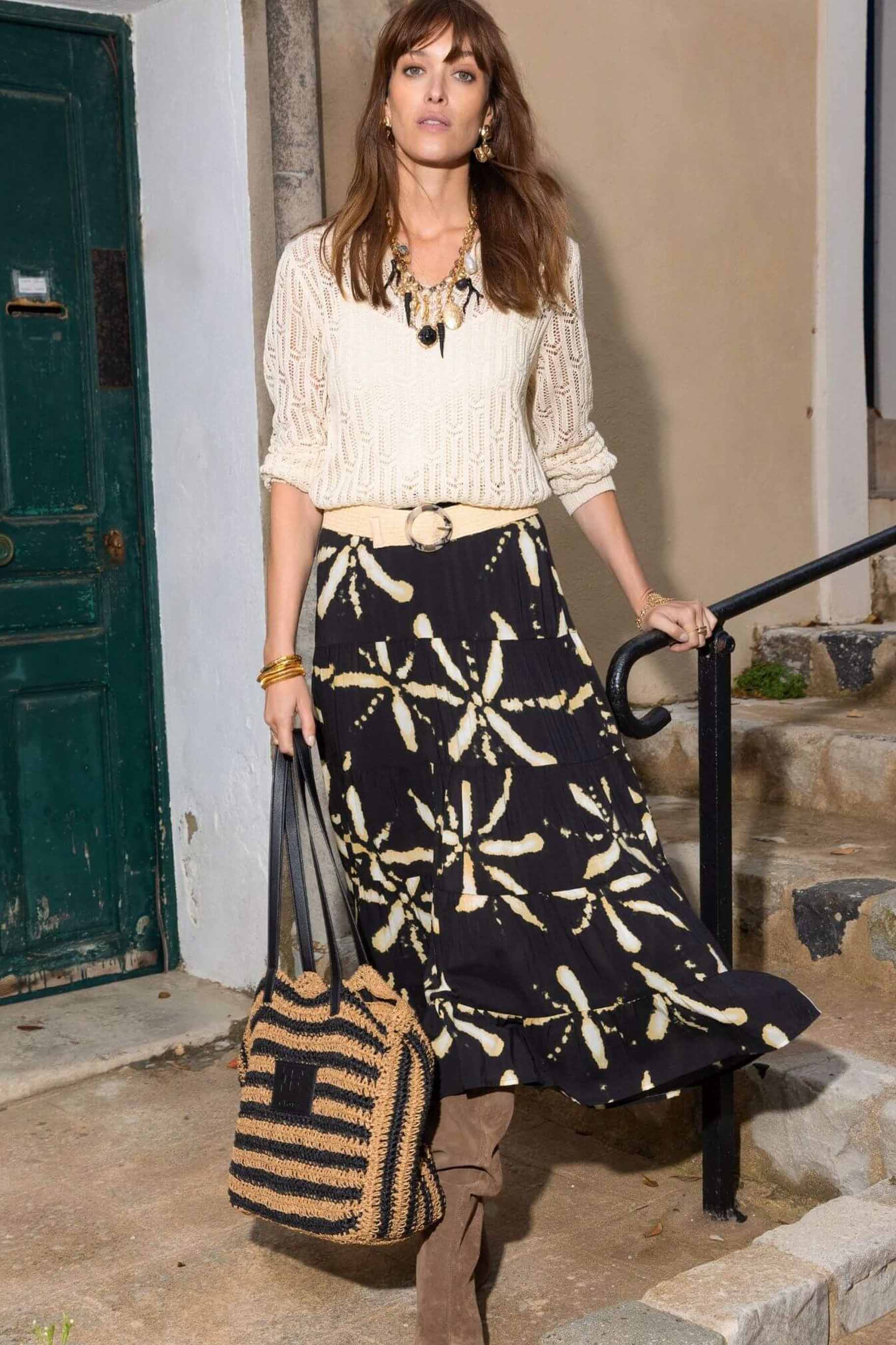 Jupe longue imprimé noir et écru | Elora