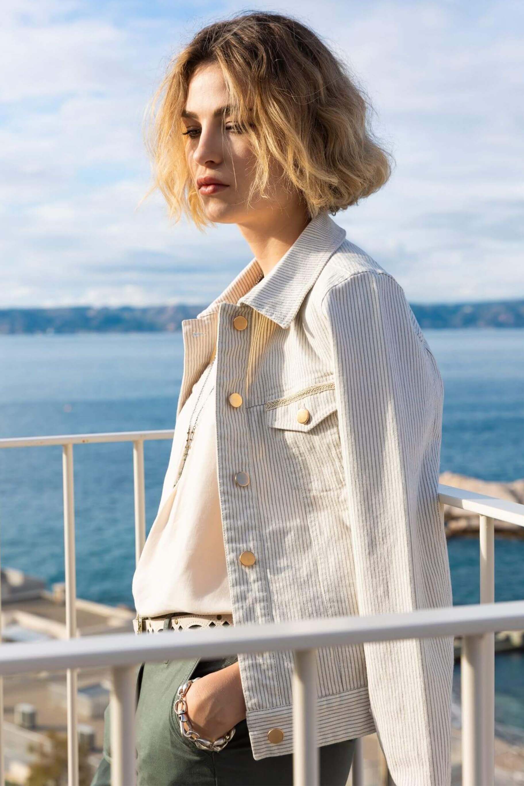 Veste en jean écru rayé kaki | Elora
