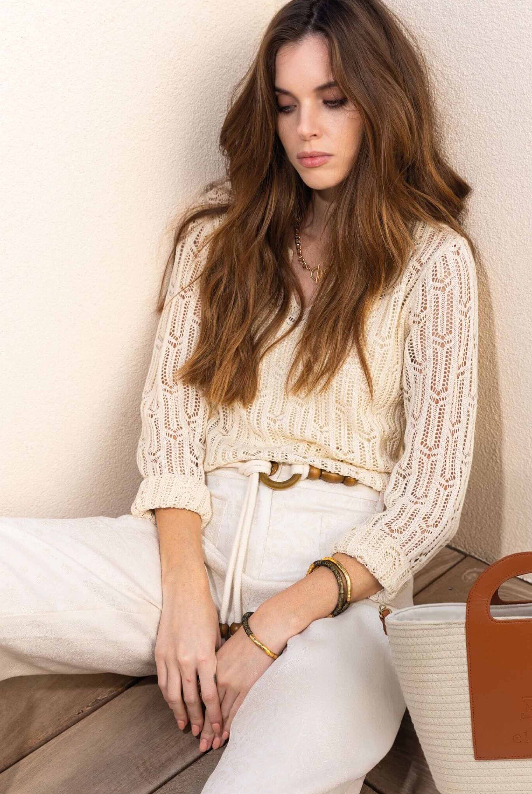 Pull ajouré crème avec top intégré | Elora