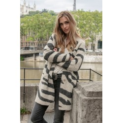 Gilet long imprimé zébré écru et gris