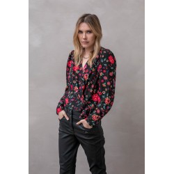 Blouse cache cœur imprimé noir et rose