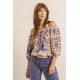 Blouse forme Bardot imprimé nude bleu et ocre