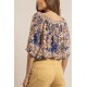 Blouse forme Bardot imprimé nude bleu et ocre