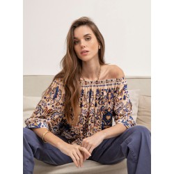 Nude blue and ochre printed Bardot blouse