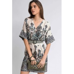 Robe kimono imprimé écru kaki et bleu