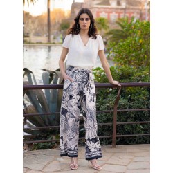 Pantalon imprimé tropical écru et noir