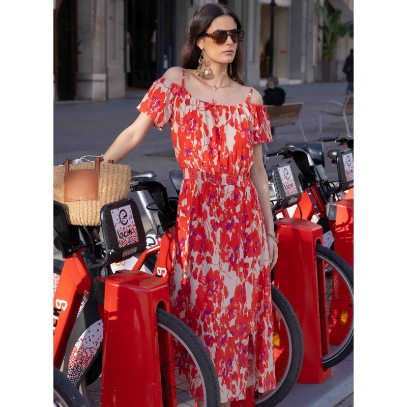 Robe longue fluide rouge et rose