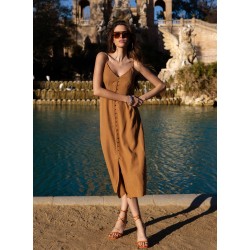 Robe midi en lin caramel