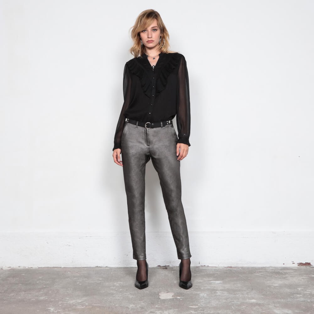 Pantalon Cigarette Gris Metallise En Jersey Avec Poches Italiennes Elora