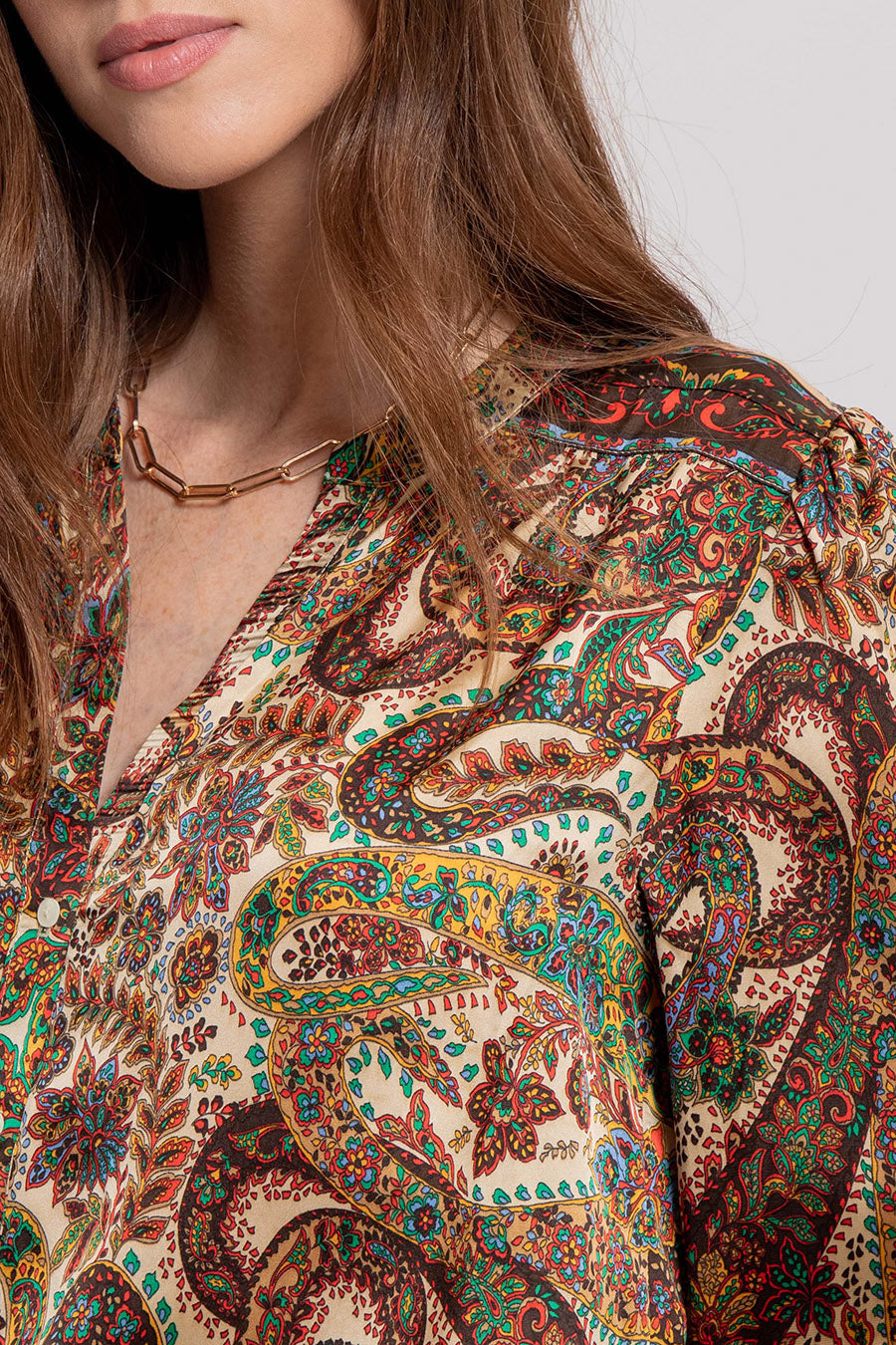 Blouse satin imprimé exclusif beige et multico | Elora