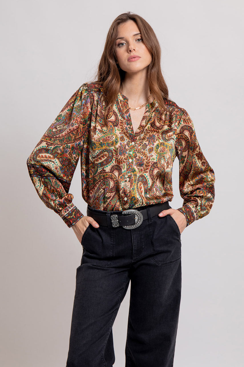 Blouse satin imprimé exclusif beige et multico | Elora