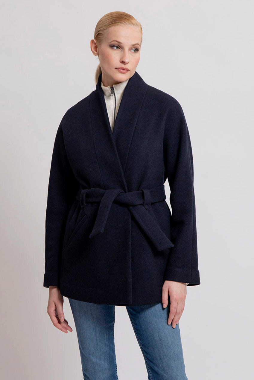 Manteau kimono bleu marine en drap de laine | Elora