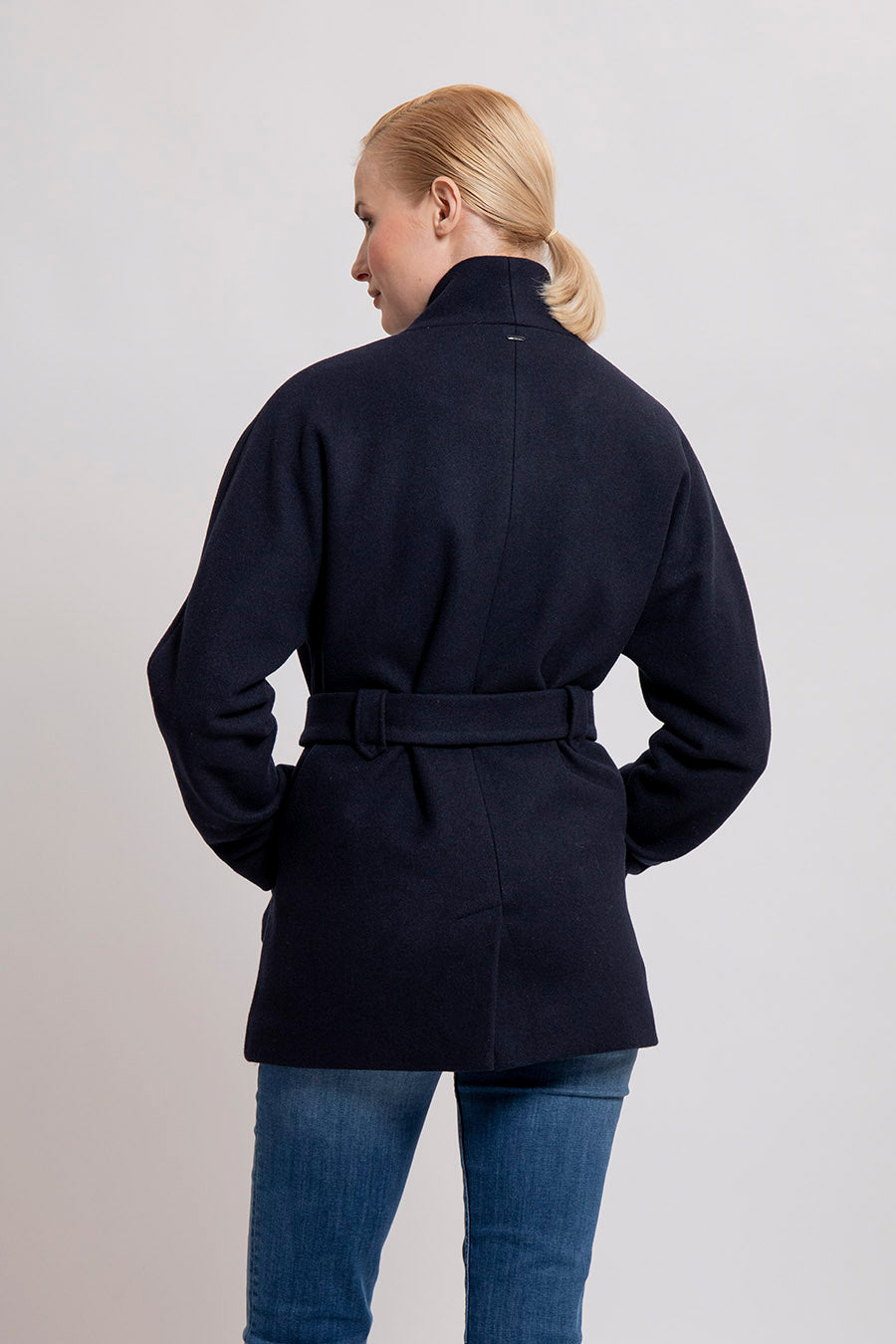 Manteau kimono bleu marine en drap de laine | Elora