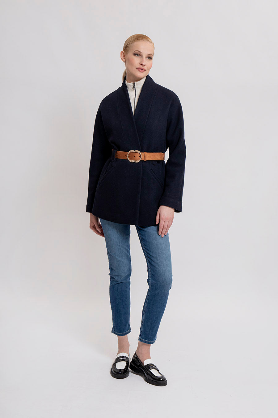 Manteau kimono bleu marine en drap de laine | Elora