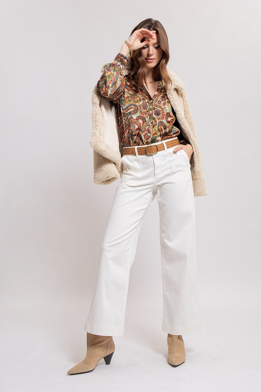 Blouse satin imprimé exclusif beige et multico | Elora