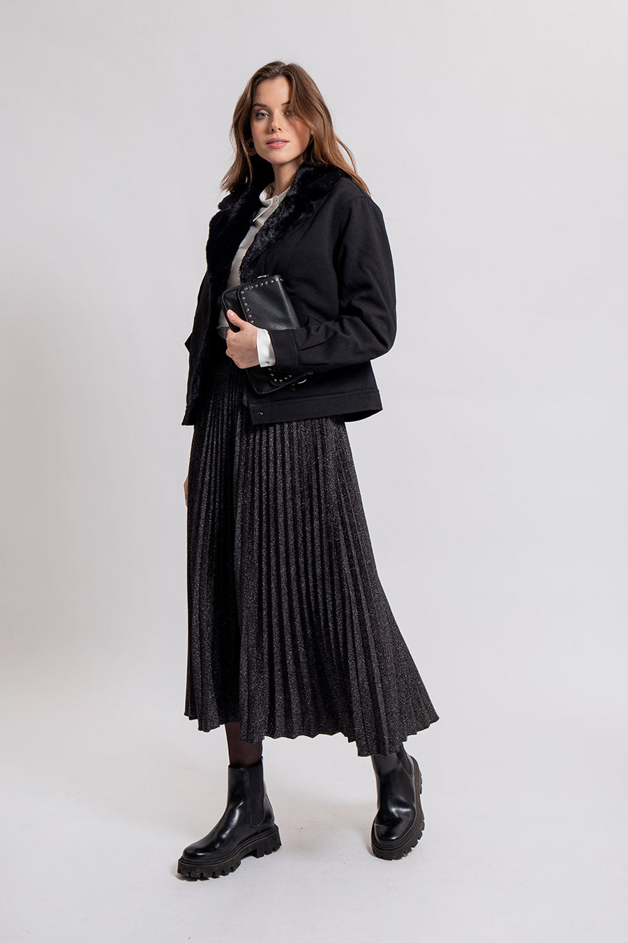 Jupe plissé soleil noir et argenté | Elora