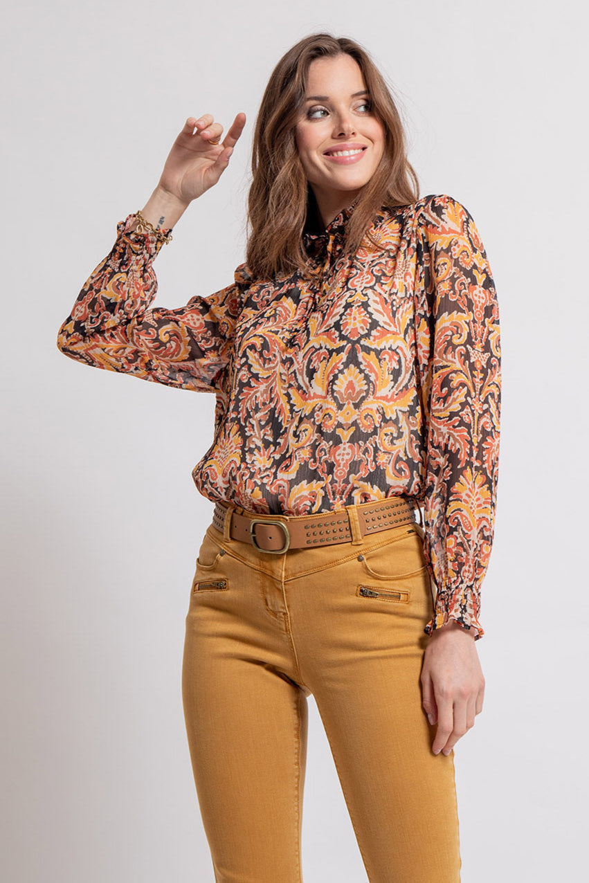 Blouse imprimé baroque noir et ocre | Elora