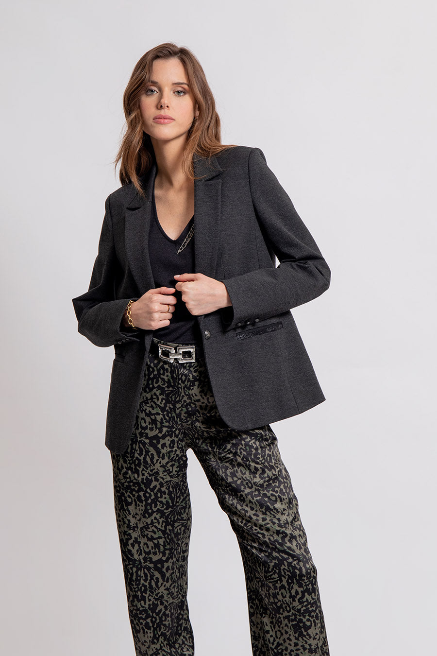 Veste tailleur en maille milano gris chiné | Elora