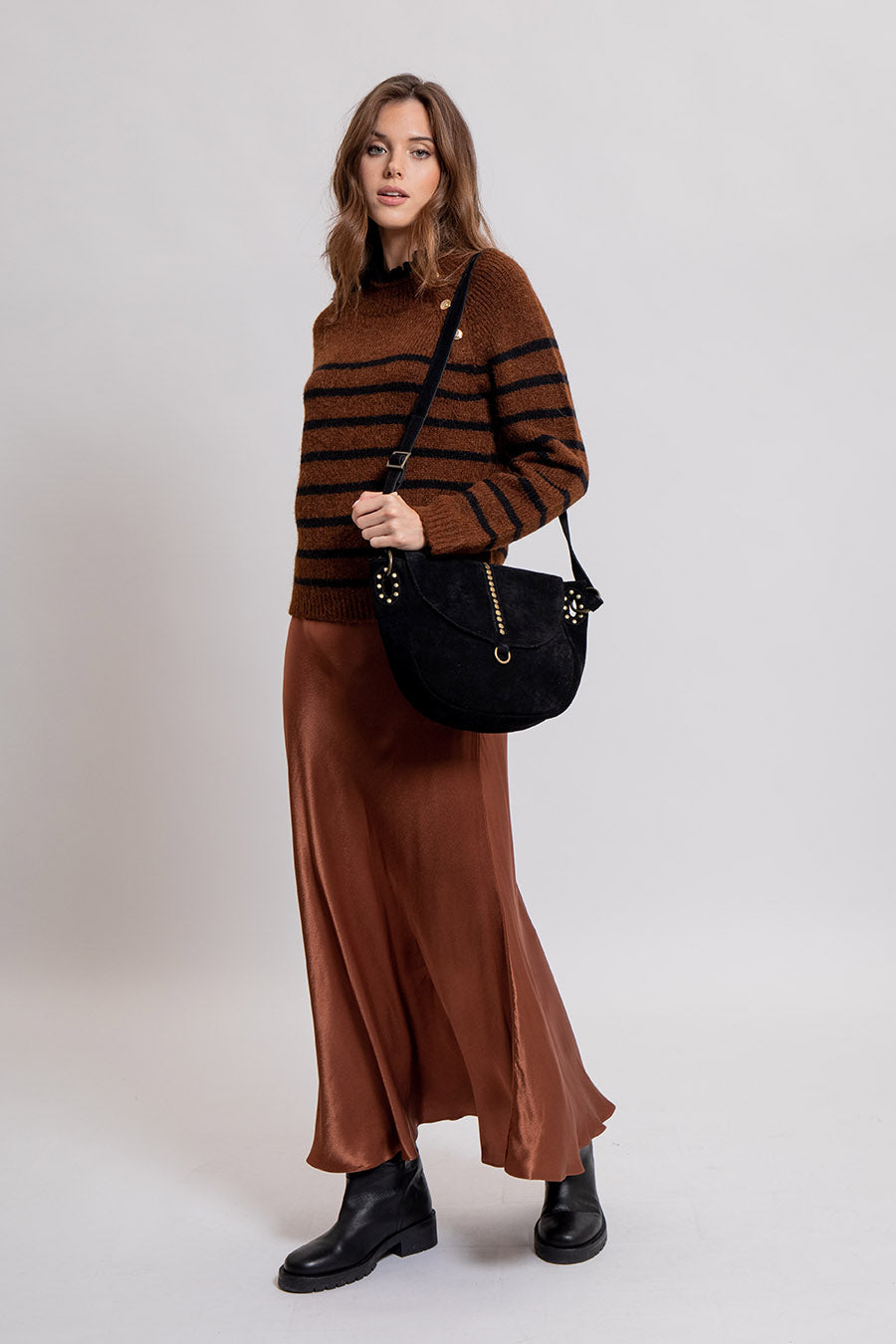 Pull rayé bicolore toffee et noir | Elora