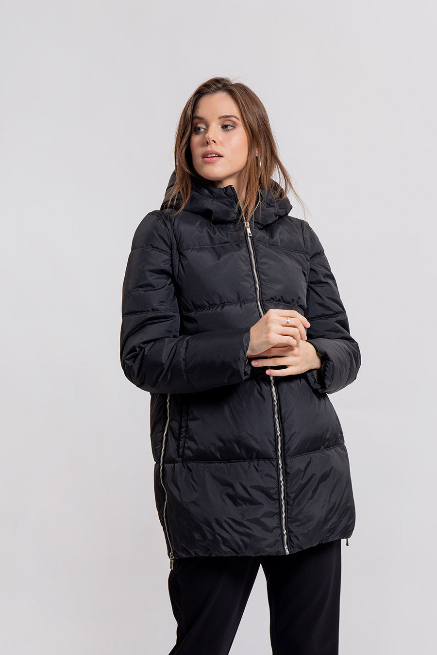 Doudoune noire mi longue avec manches amovibles | Elora