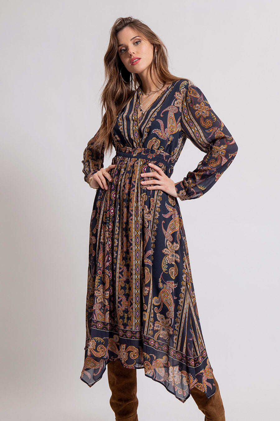 Robe longue gypset imprimé gris et bordeaux | Elora