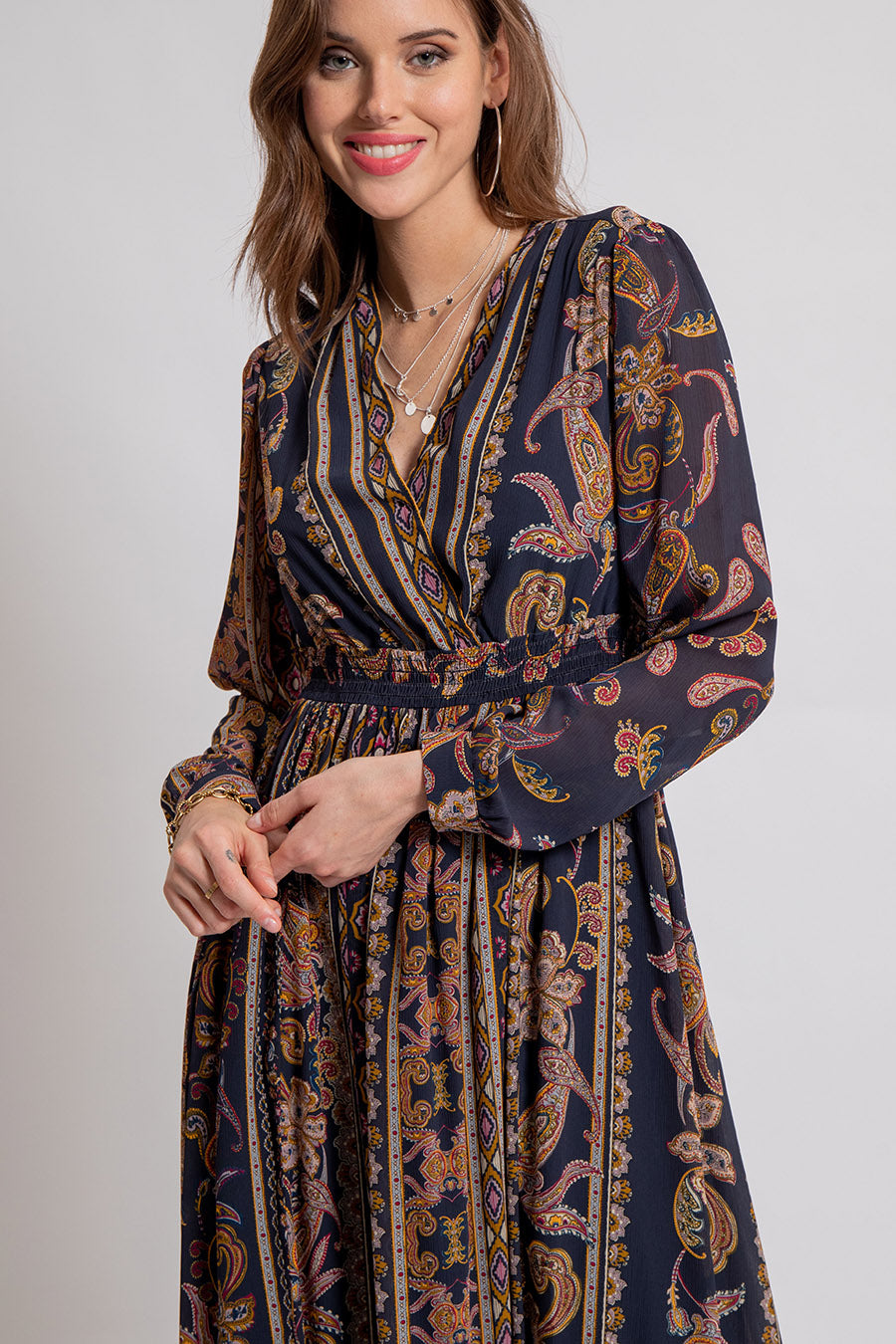 Robe longue gypset imprimé gris et bordeaux | Elora