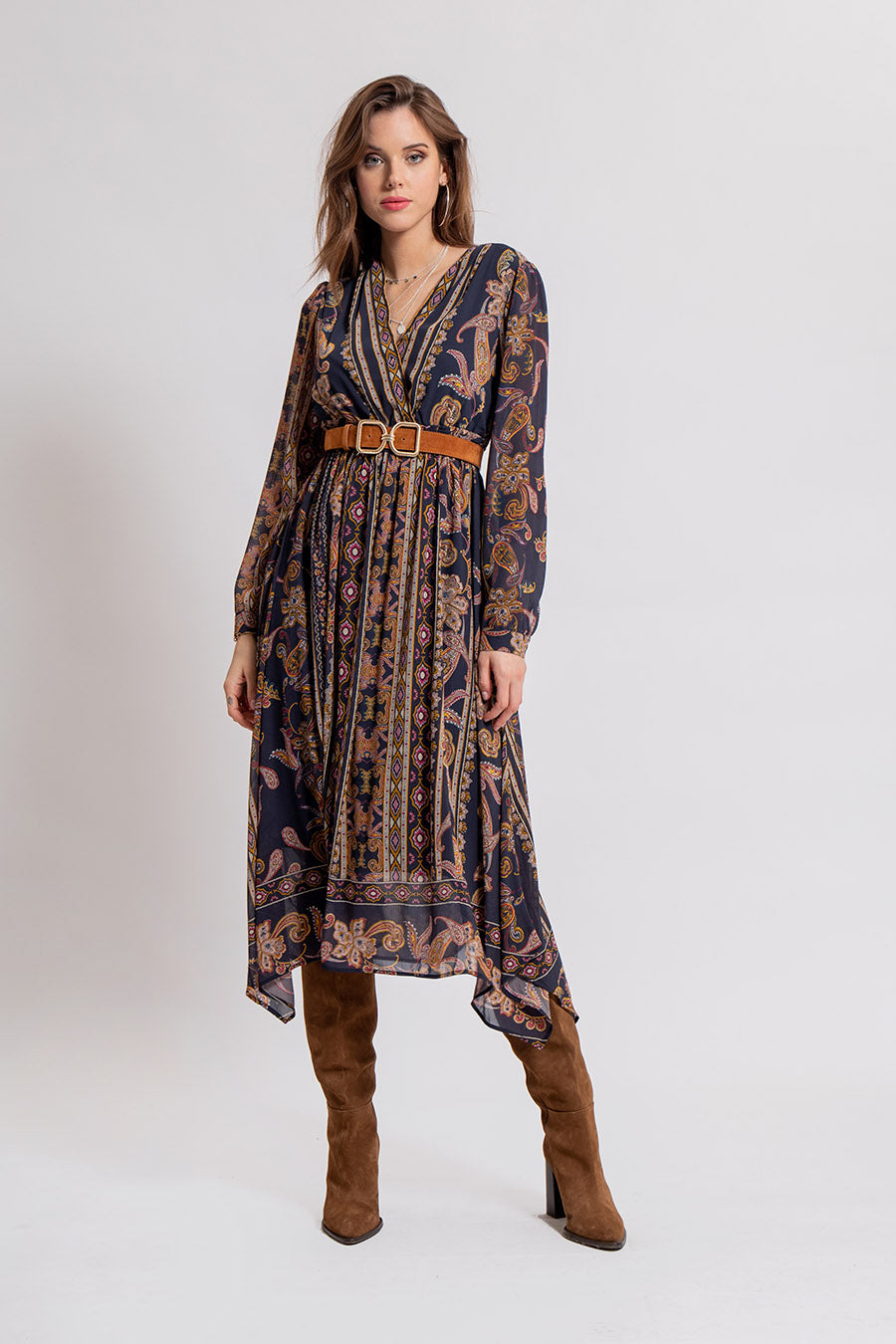 Robe longue gypset imprimé gris et bordeaux | Elora