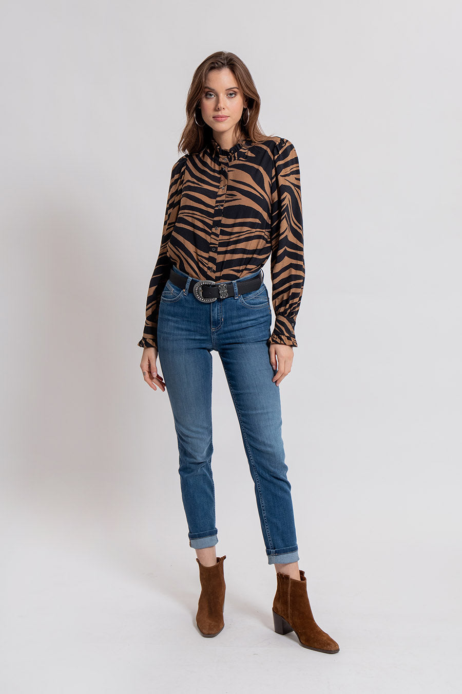 Blouse volantée imprimé zèbre bronze et noir | Elora