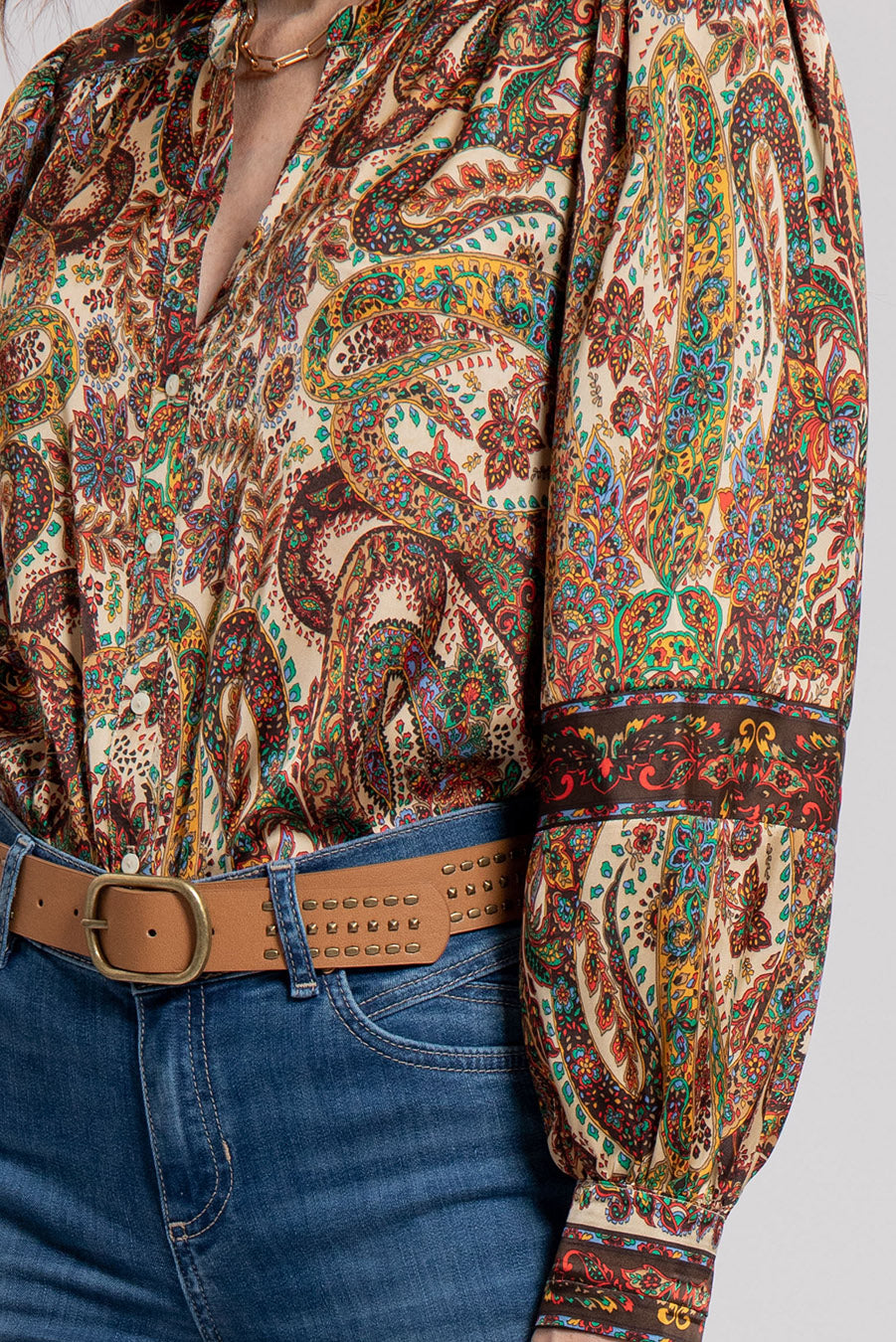 Blouse satin imprimé exclusif beige et multico | Elora