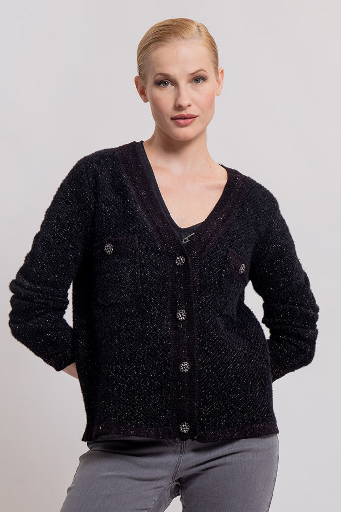 Cardigan noir esprit couture avec boutons bijoux | Elora