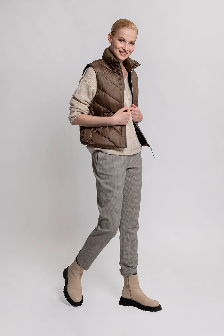 Pantalon coupe cigarette à carreaux beiges | Elora