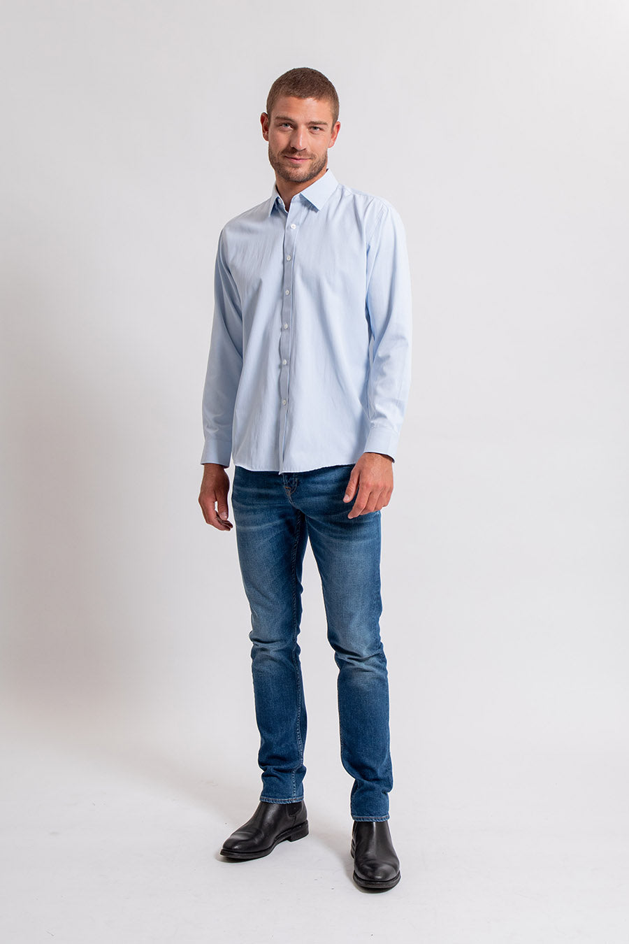 Chemise coupe droite en tissu jacquard bleu ciel | Elora