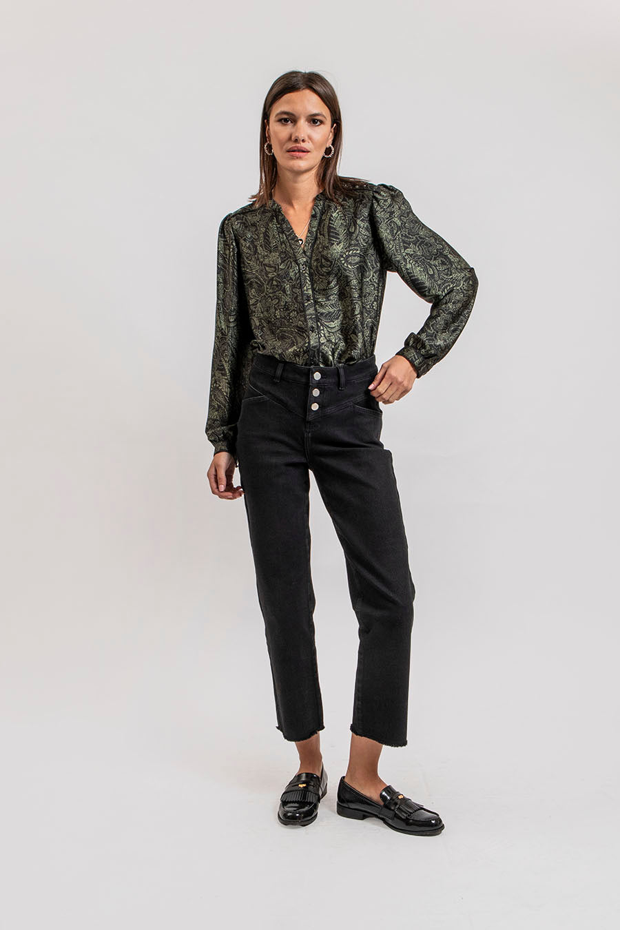 Chemise motif cachemire kaki et noir | Elora