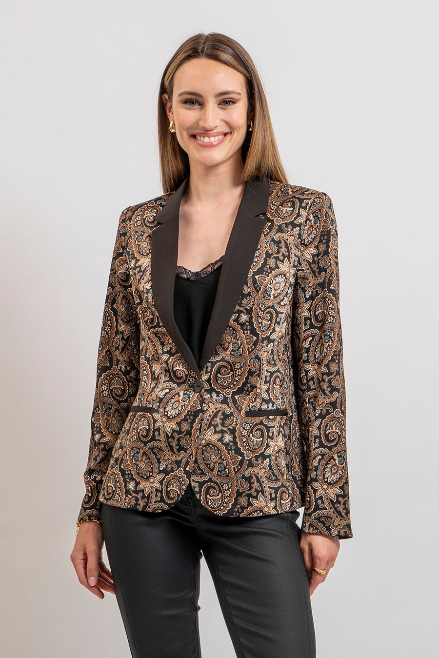 Veste tailleur imprimé baroque noir et beige | Elora