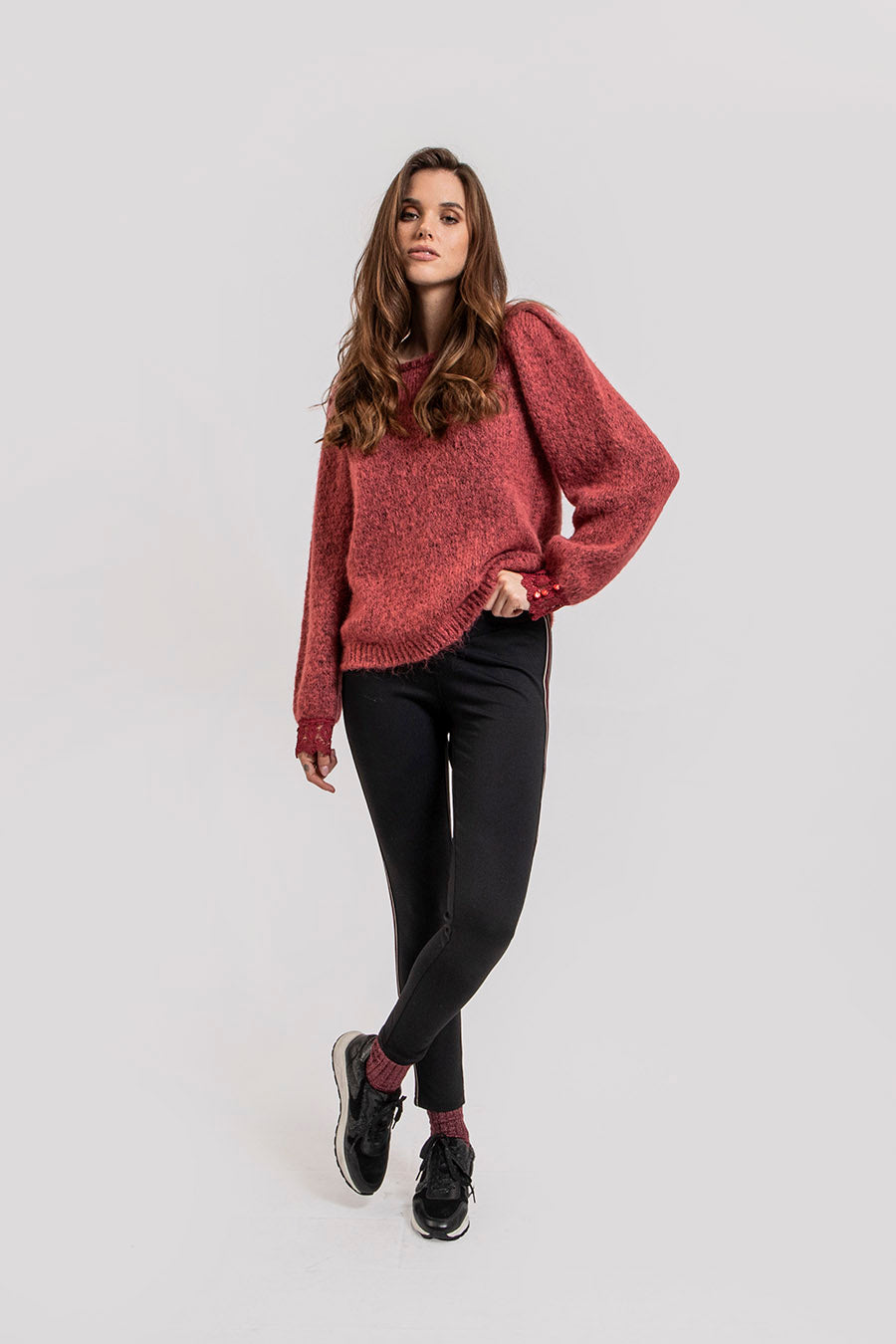 Pull coloris bruyère détails dentelle | Elora