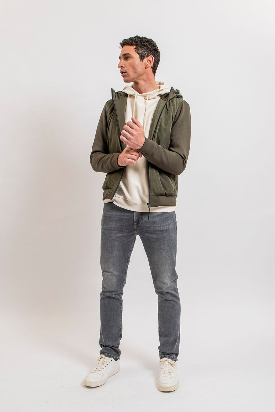Blouson à capuche bi matières kaki | Elora