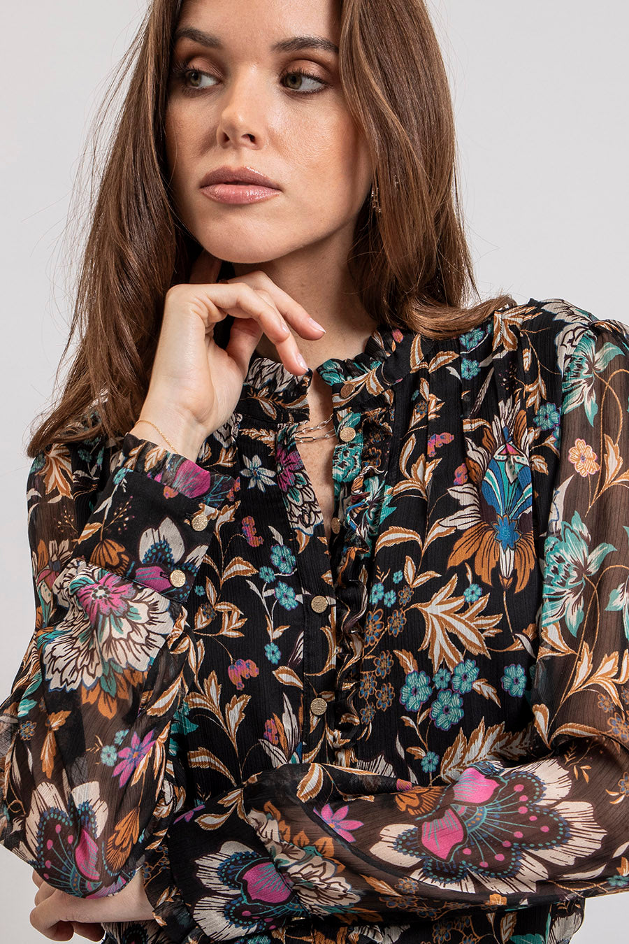Blouse imprimé floral vert et orchidee | Elora