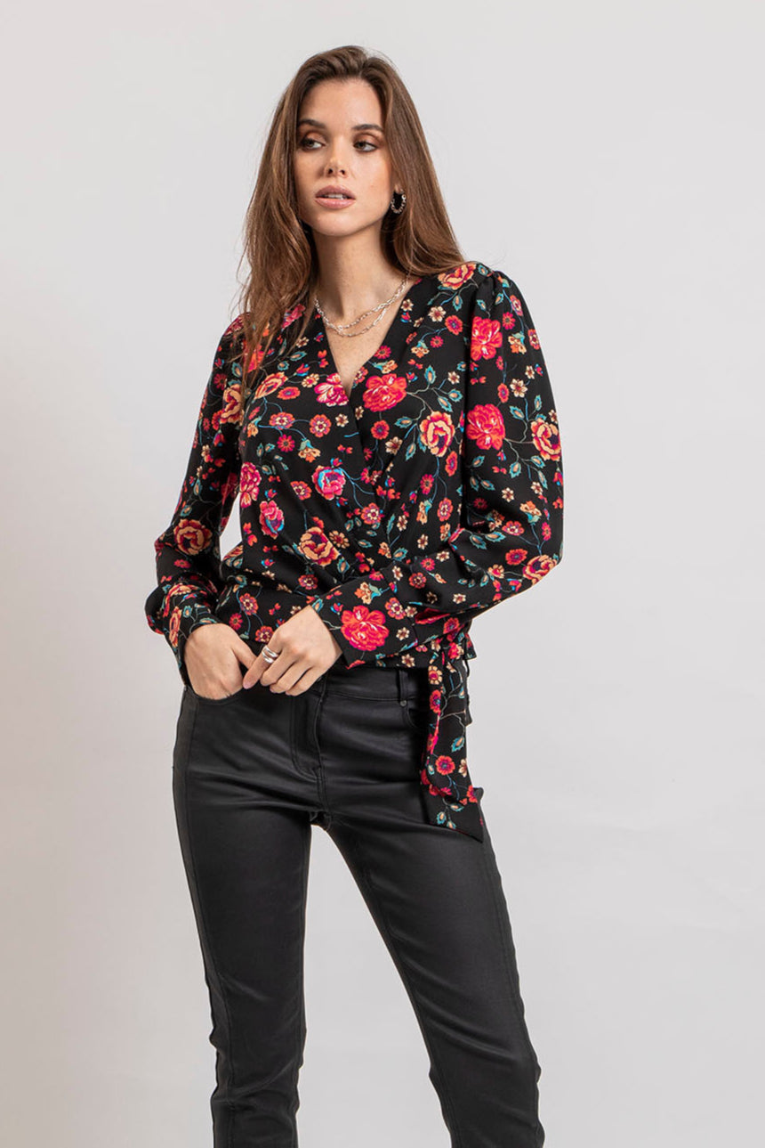 Blouse cache coeur imprimé noir et rose | Elora
