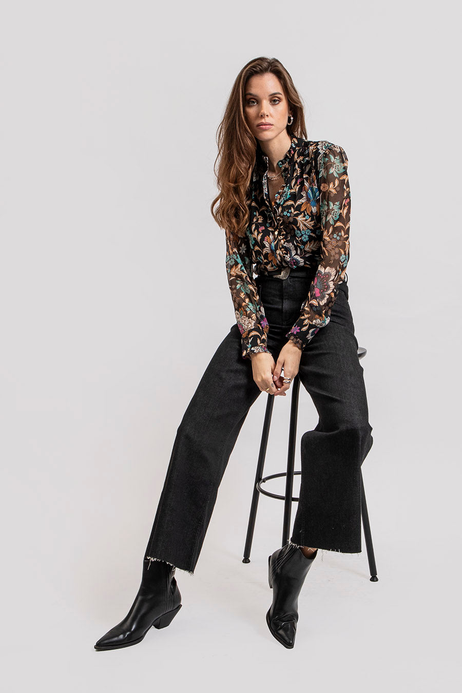 Blouse imprimé floral vert et orchidee | Elora