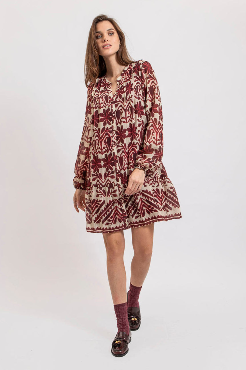 Robe courte imprimé écru et bordeaux | Elora