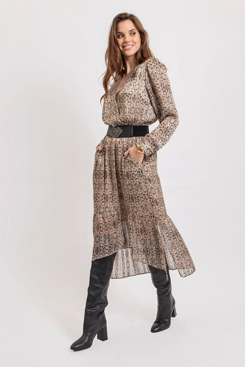 Robe longue imprimé beige et noir | Elora