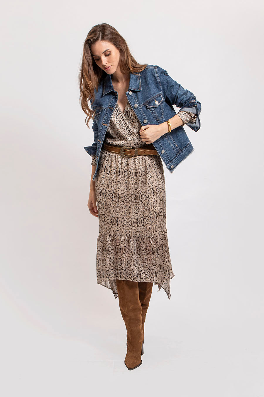 Robe longue imprimé beige et noir | Elora