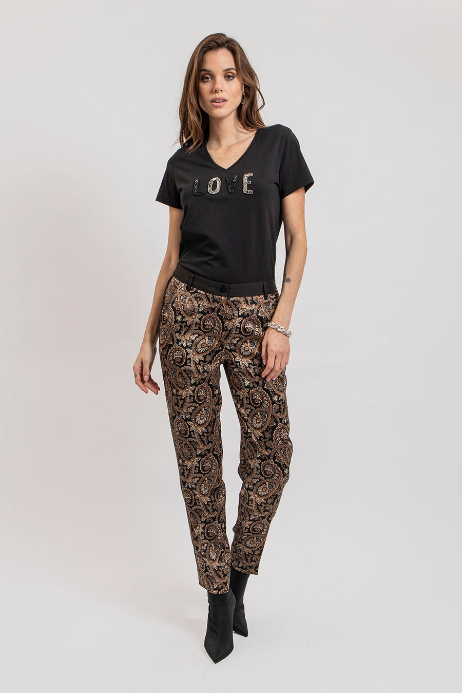 Pantalon imprimé baroque noir et beige | Elora