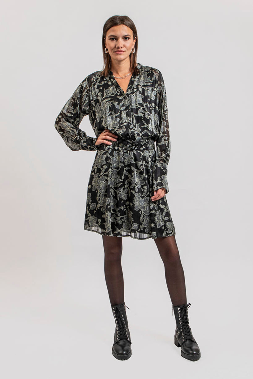 Robe courte imprimé fleurs noir et kaki | Elora